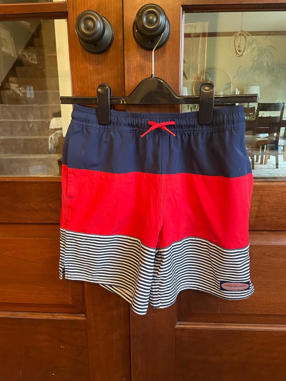 Vineyard Vines Navy, Red & Black-White Stripe Swim Shorts